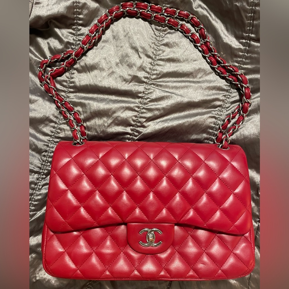 Authentic CHANEL Red Leather Jumbo Double Flap Bag Purse Silver Hardware RARE!